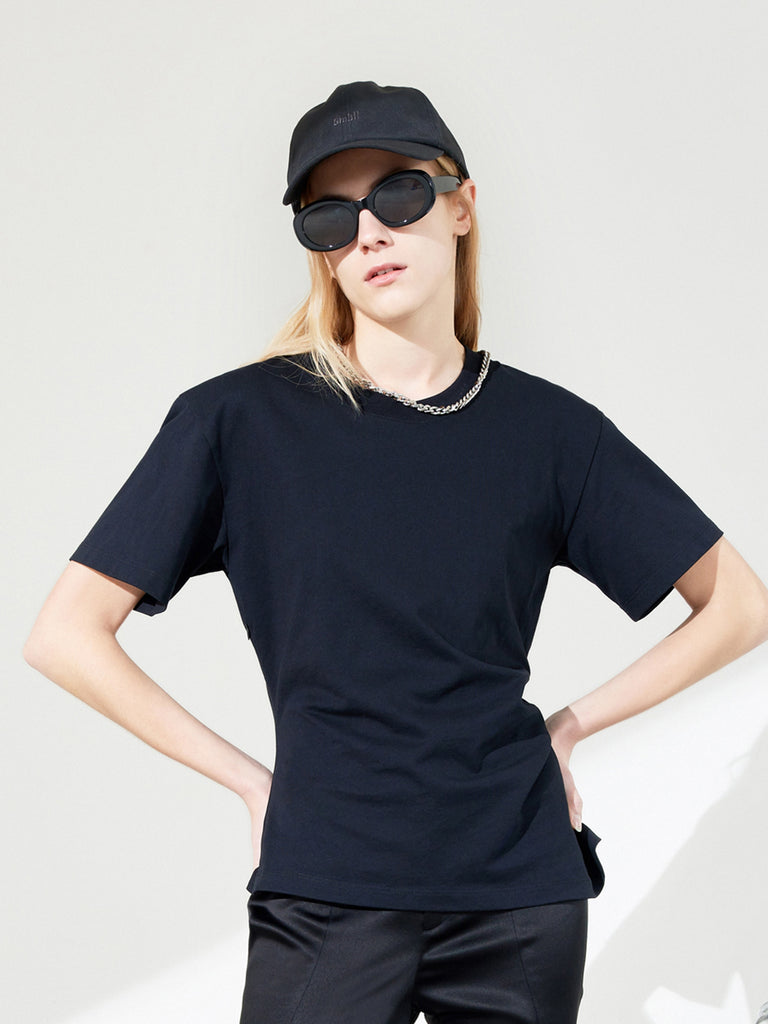 MO&Co. Women's Cotton Cutout Back T-shirt Fitted Classic Round Neck Black