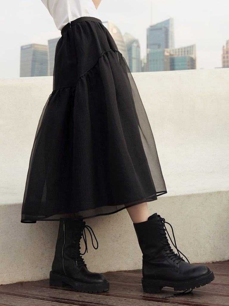 MO&Co. Women's Ruffled Tulle Midi Skirt Loose Casual Black Tulle Skirt Dress