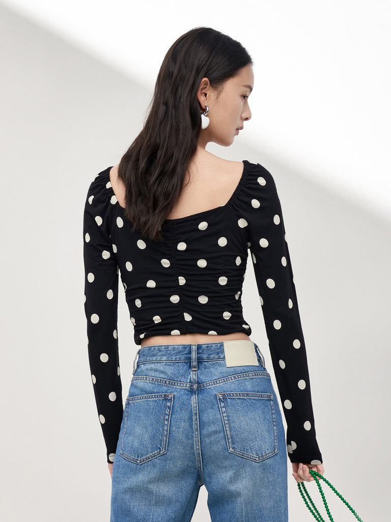 MO&Co. Women's Sweetheart Neck Polka-dot Top Fitted Casual Square Neck Long Sleeve Tops