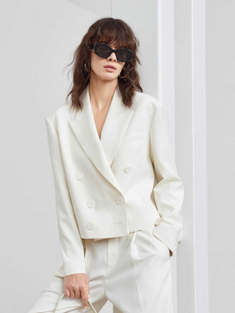 MO&Co. Women's Double Breasted Cropped Blazer Fitted Casual white blazer