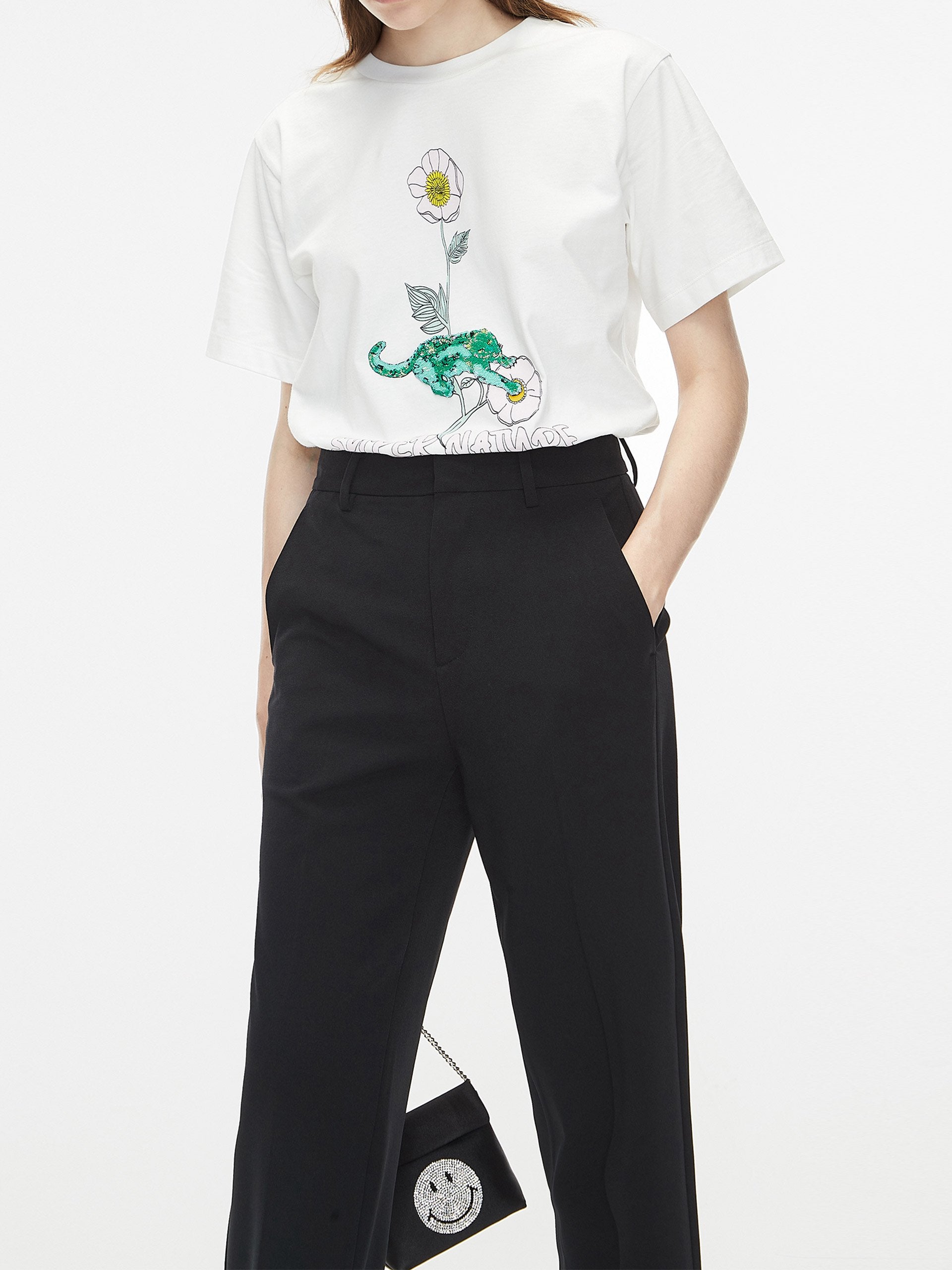 MO&Co. Women's Straight Side Slit Suit Pants Loose Casual Black Stylish