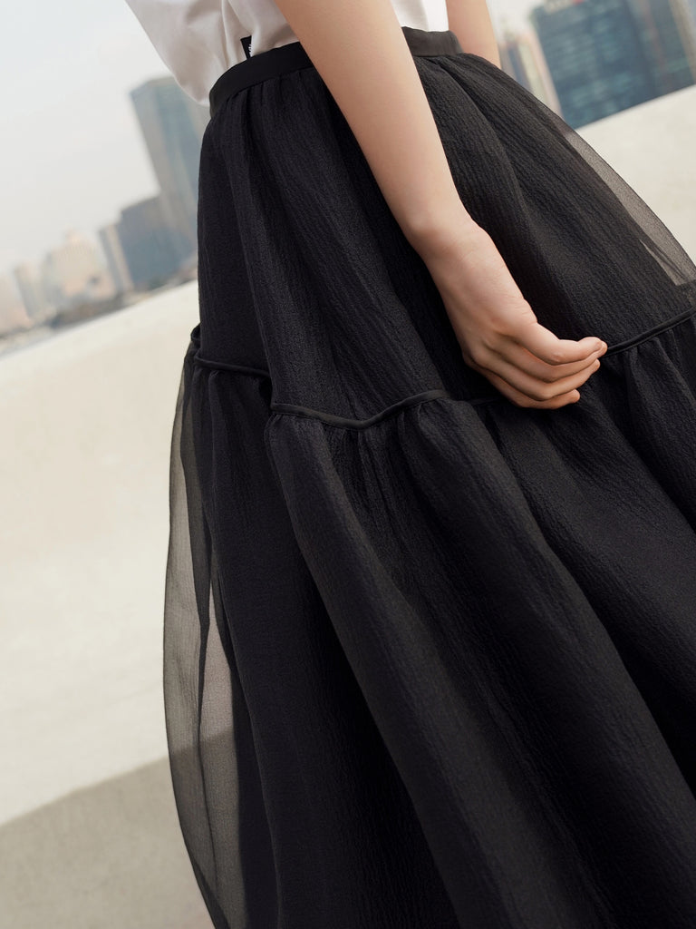 MO&Co. Women's Ruffled Tulle Midi Skirt Loose Casual Black Tulle Skirt Dress