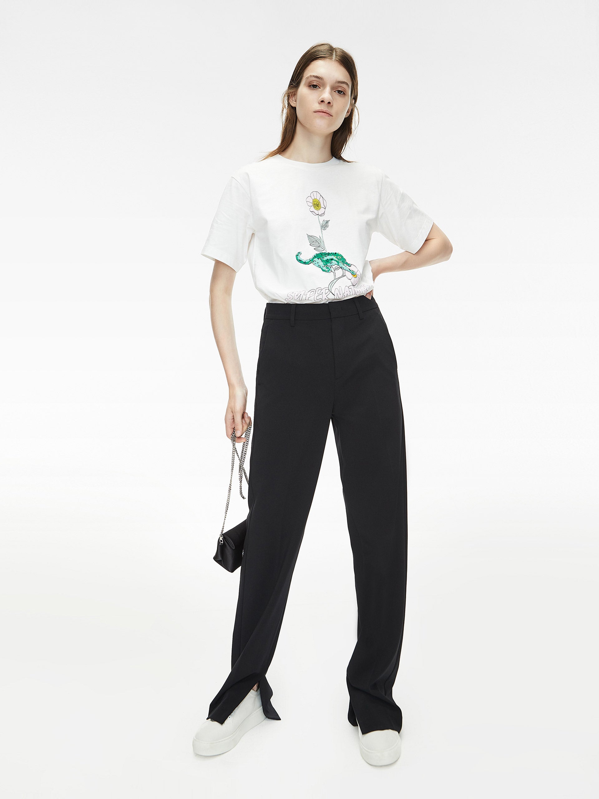 MO&Co. Women's Straight Side Slit Suit Pants Loose Casual Black Stylish