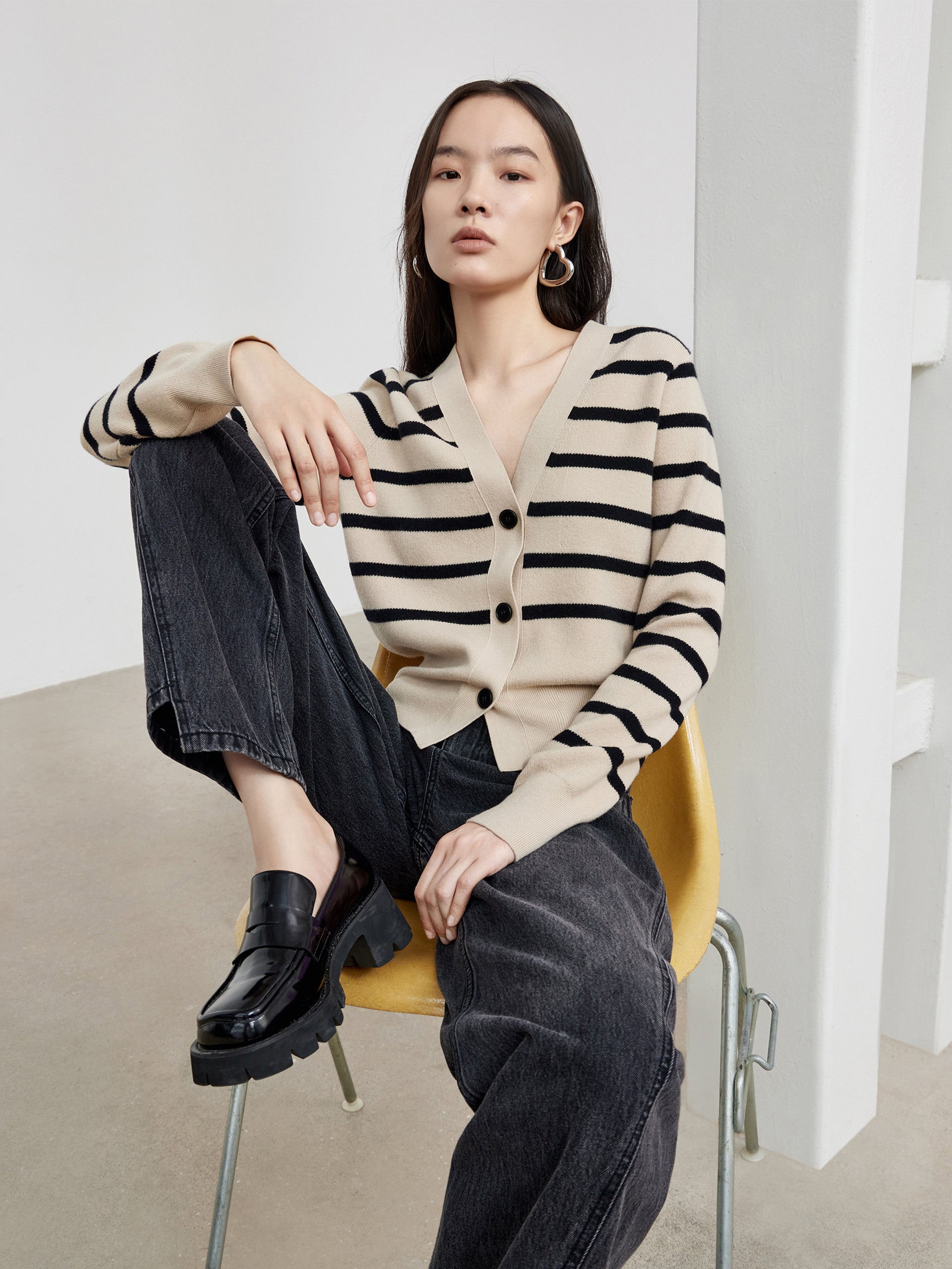 MO&Co. Women's Wool Striped Knit Cardigan Loose Chic V Neck Womens Summer Cardigans