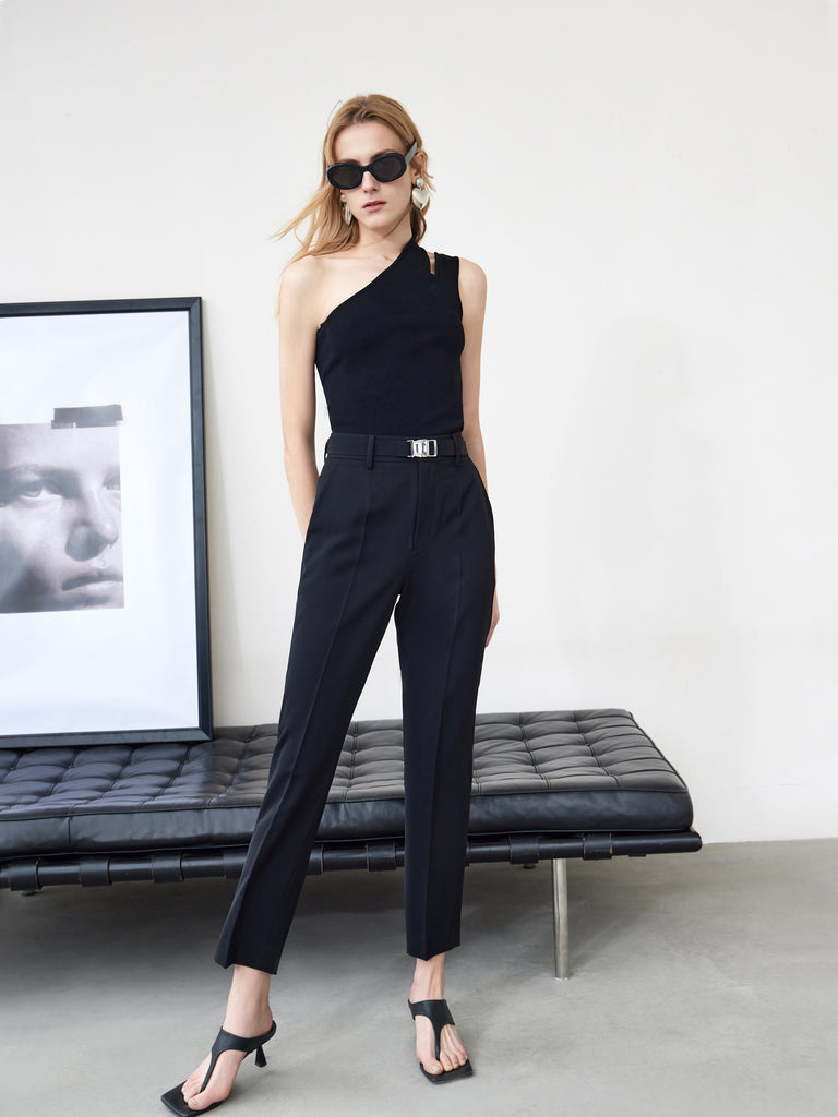 MO&Co. Women's Elastic Waist Straight Suit Pants Fitted Casual Black Trousers
