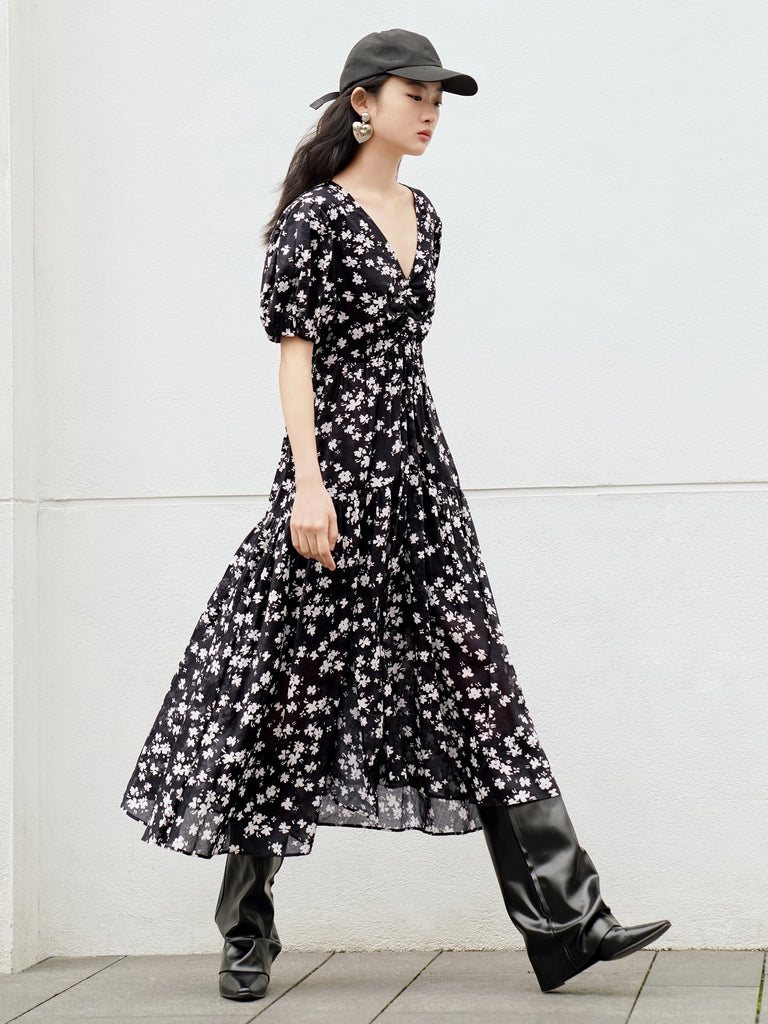 MO&Co. Women's V-Neck Floral Print Slit Dress Loose Casual V Neck Black