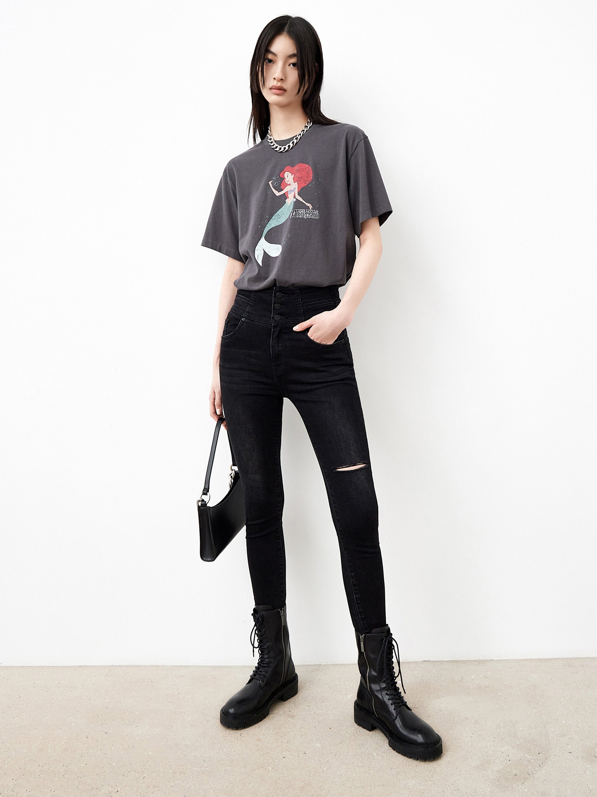 MO&Co. Women's Button Cut-out Skinny Jeans Fitted Cowboys Torn Black