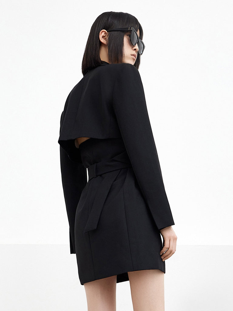 MO&Co. Women's Two Piece Wool-blend Blazer Dress Fitted Chic Criss Cross Neck