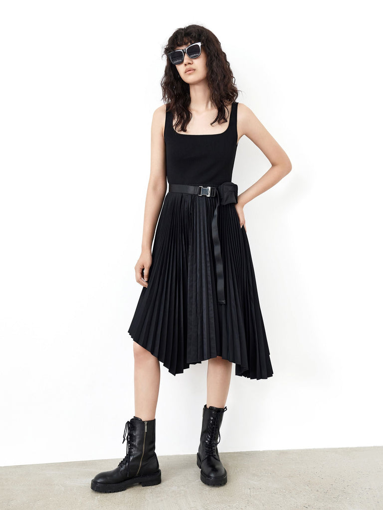MO&Co. Women's Pleated Hem Self Belted Dress Cool Fitted Black