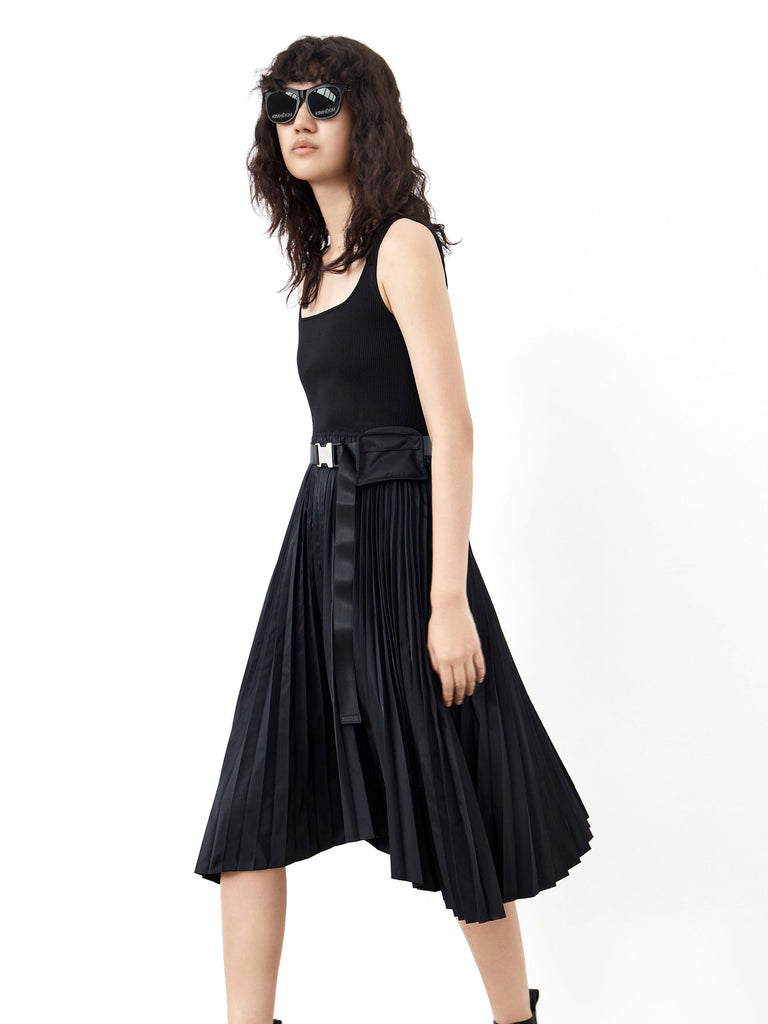 MO&Co. Women's Pleated Hem Self Belted Dress Cool Fitted Black