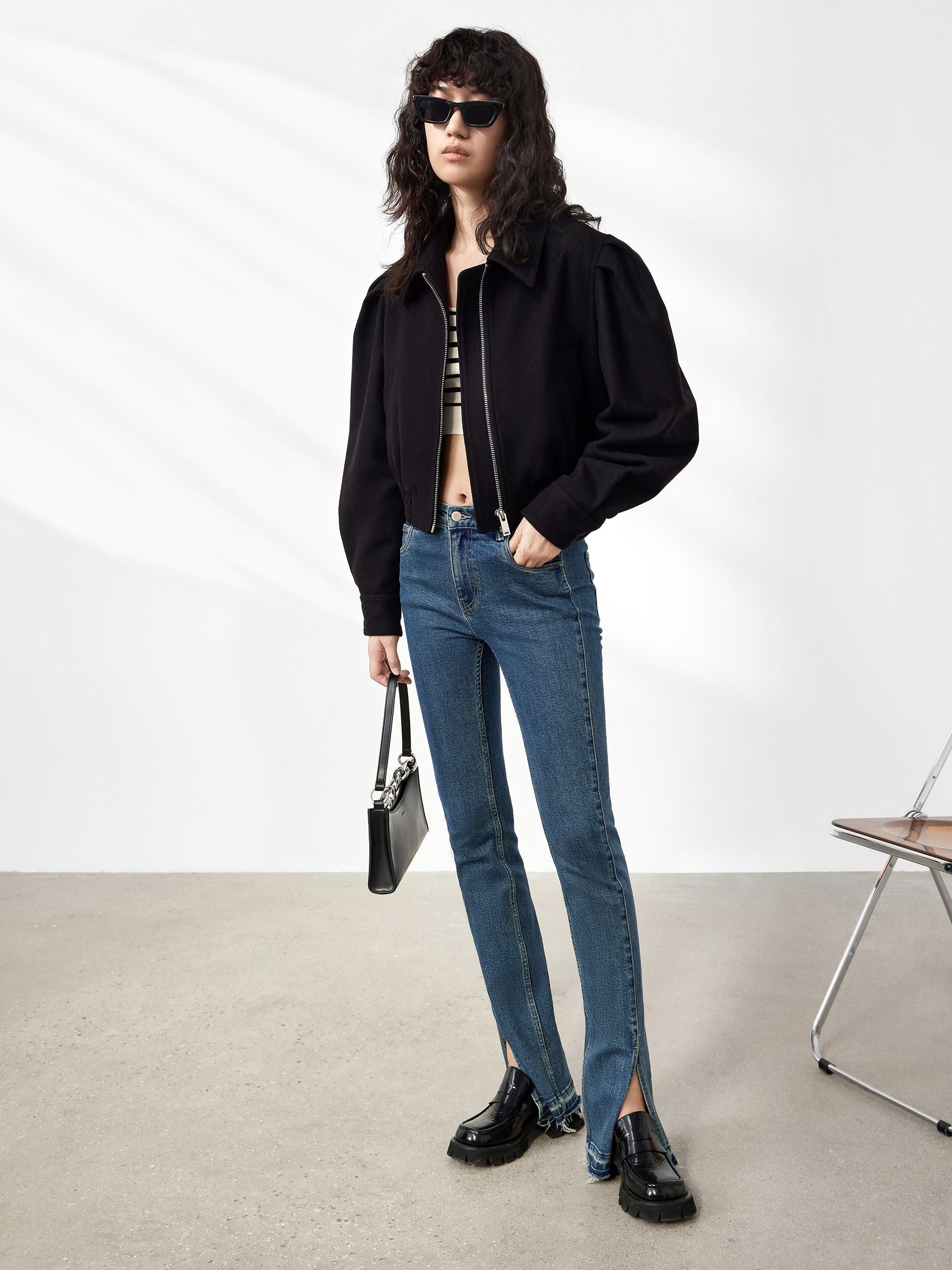 MO&Co. Women's Fringe Slit Cotton Jeans Cool Chic Style Fitted Blue