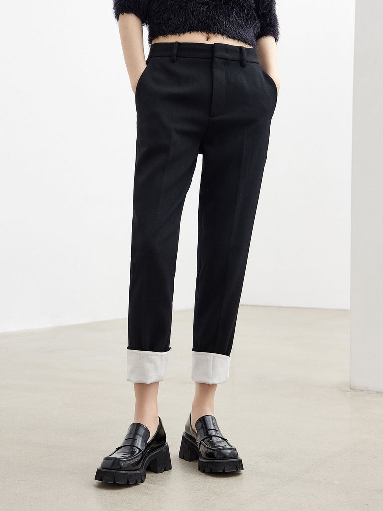 MO&Co. Women's Contrasting Cuffed Back Trousers Fitted Casual Black Trousers