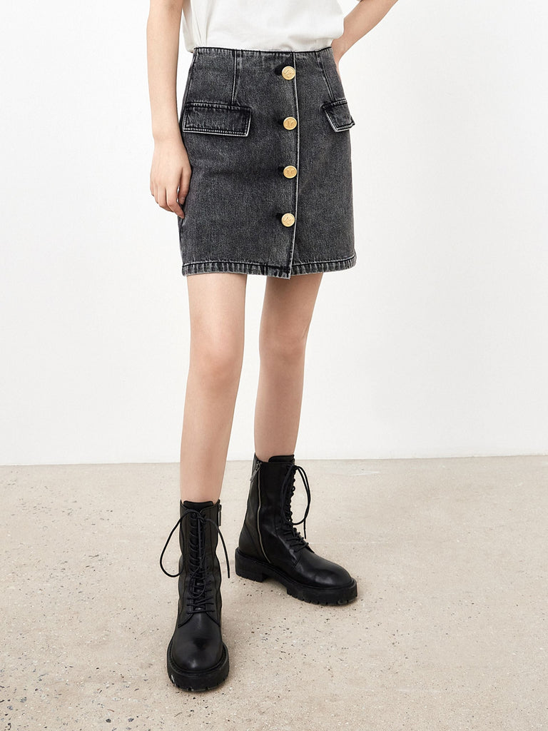 MO&Co. Women's Cotton Cargo Denim Skirt Cool Fitted Black Streetwear