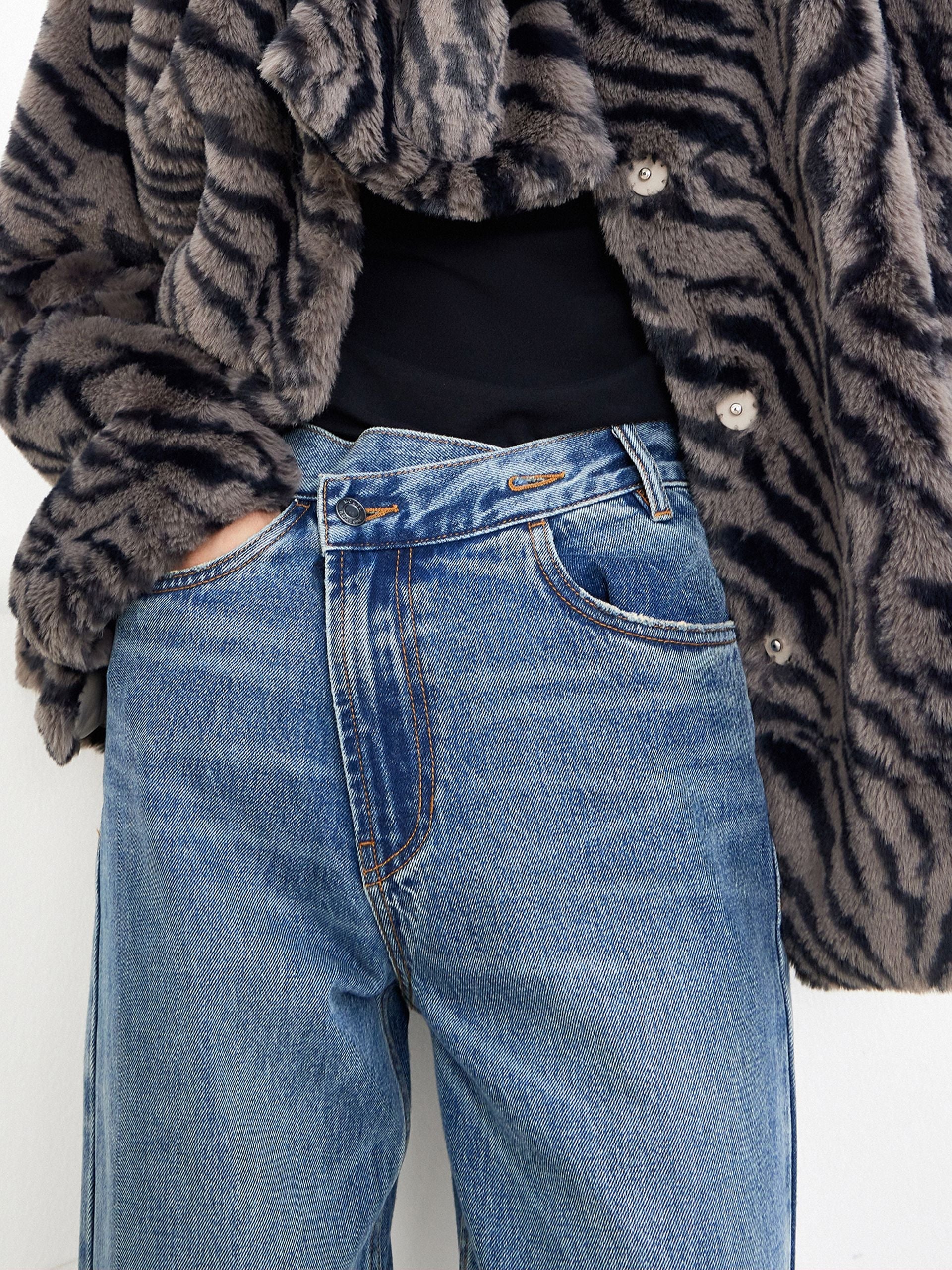 MO&Co. Women's Asymmetric Waistband Faded Tapered Jeans Cool Fitted Blue