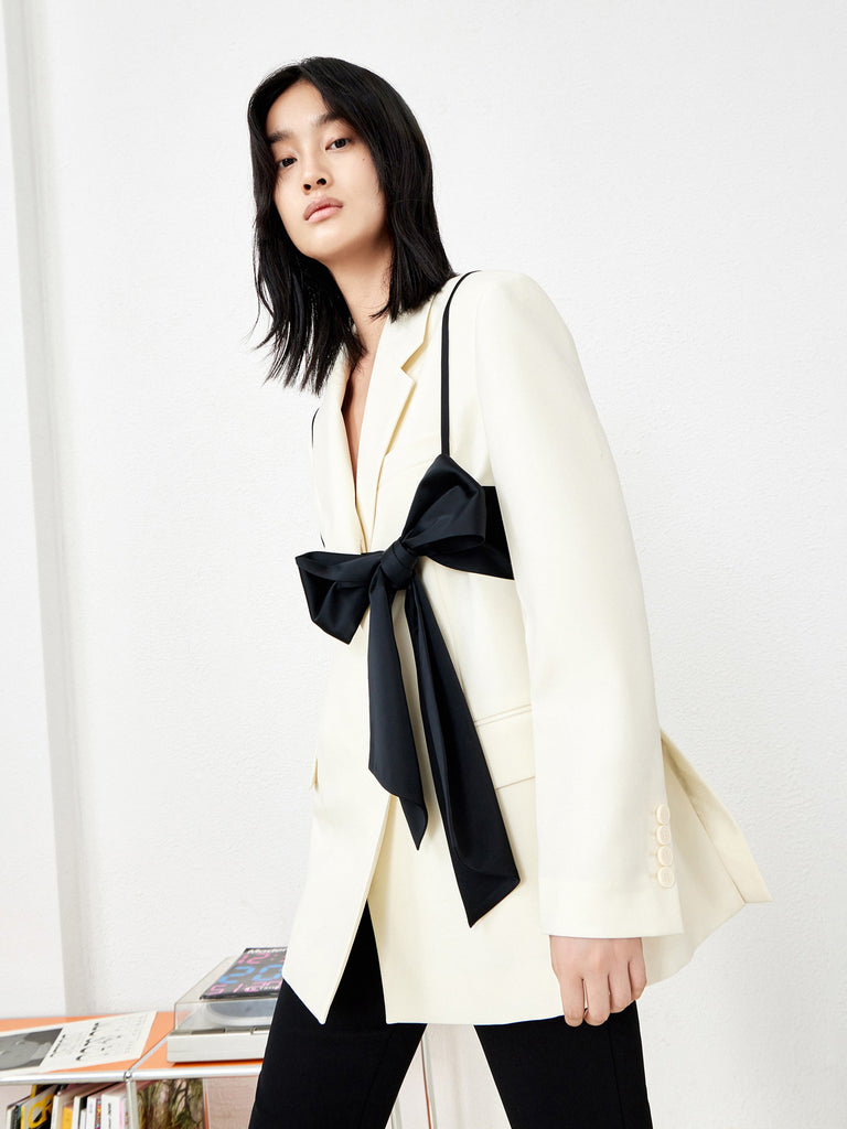 MO&Co. Women's Wool Blend Straight Blazer Loose Chic Lapel Beige Blazer Coat