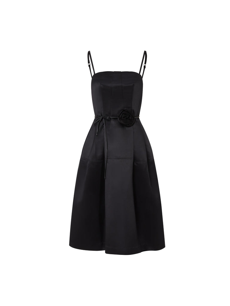 MO&Co. Women's Rose Satin Effect Strap Midi Dress Slip Black Dress For Woman