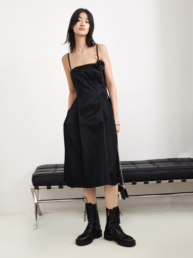 MO&Co. Women's Rose Satin Effect Strap Midi Dress Slip Black Dress For Woman