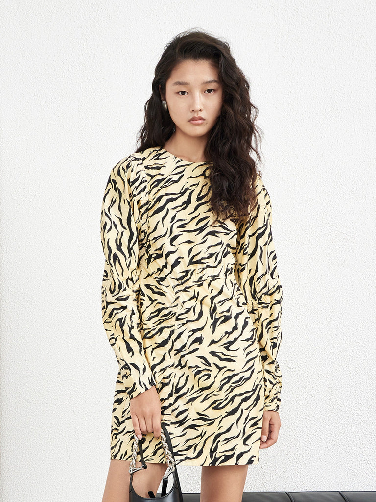 MO&Co. Women's Cotton Pleated Tiger Print Dress 100% Cotton Long Sleeves