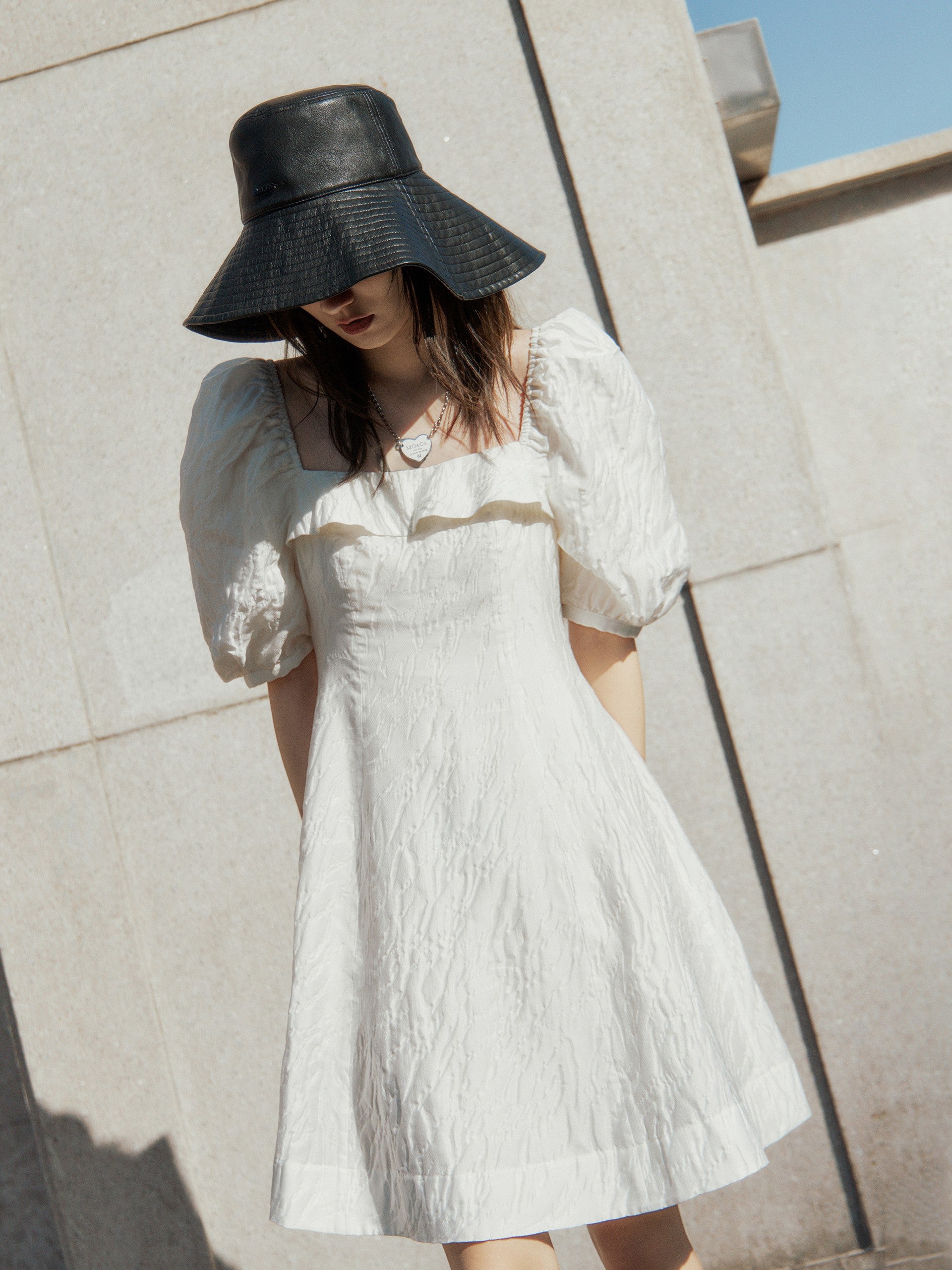 MO&Co. Women's Ruffle Neck Puff Sleeve Dress Black Summer Fitted Dress For Woman