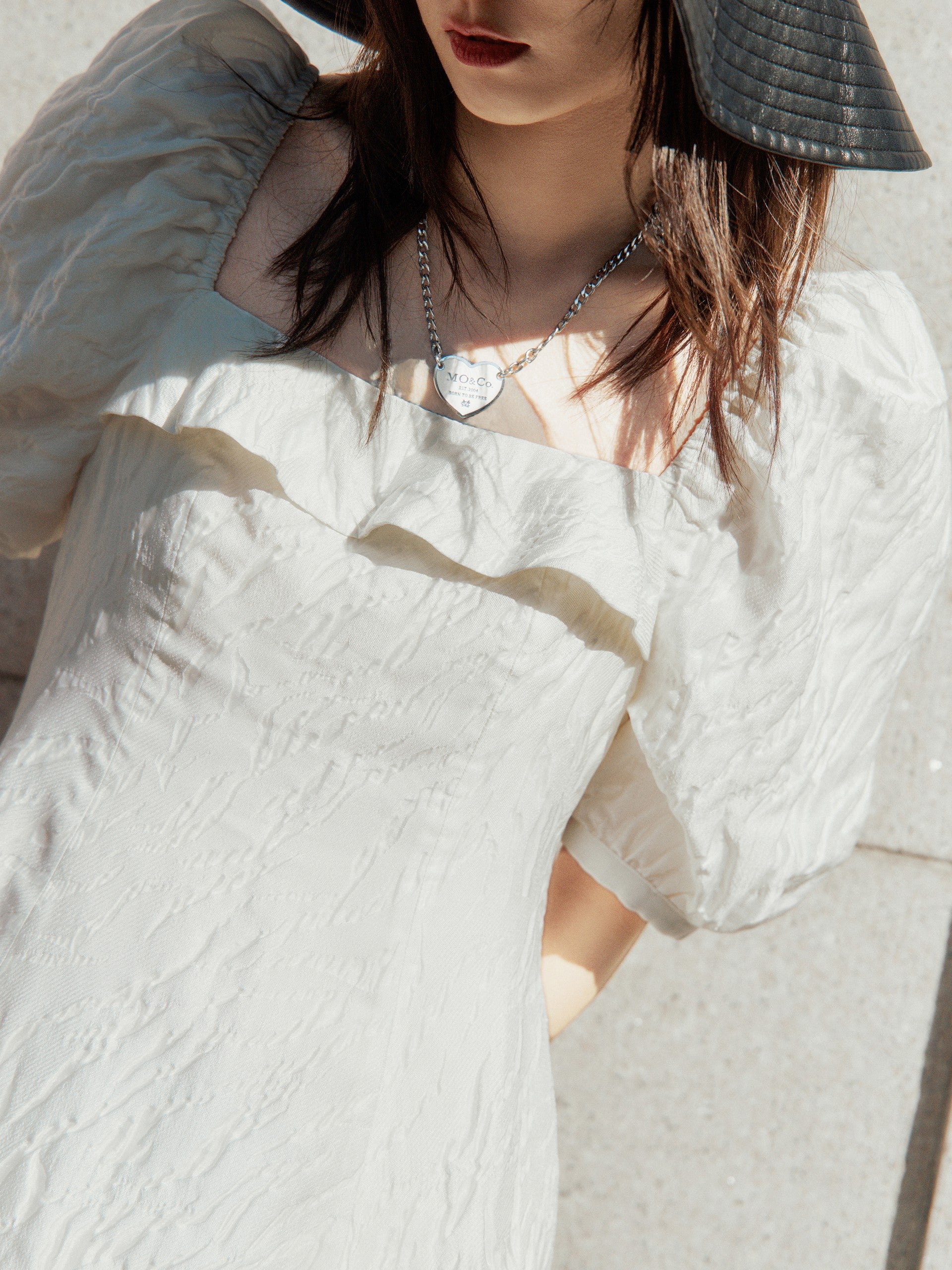 MO&Co. Women's Ruffle Neck Puff Sleeve Dress Black Summer Fitted Dress For Woman