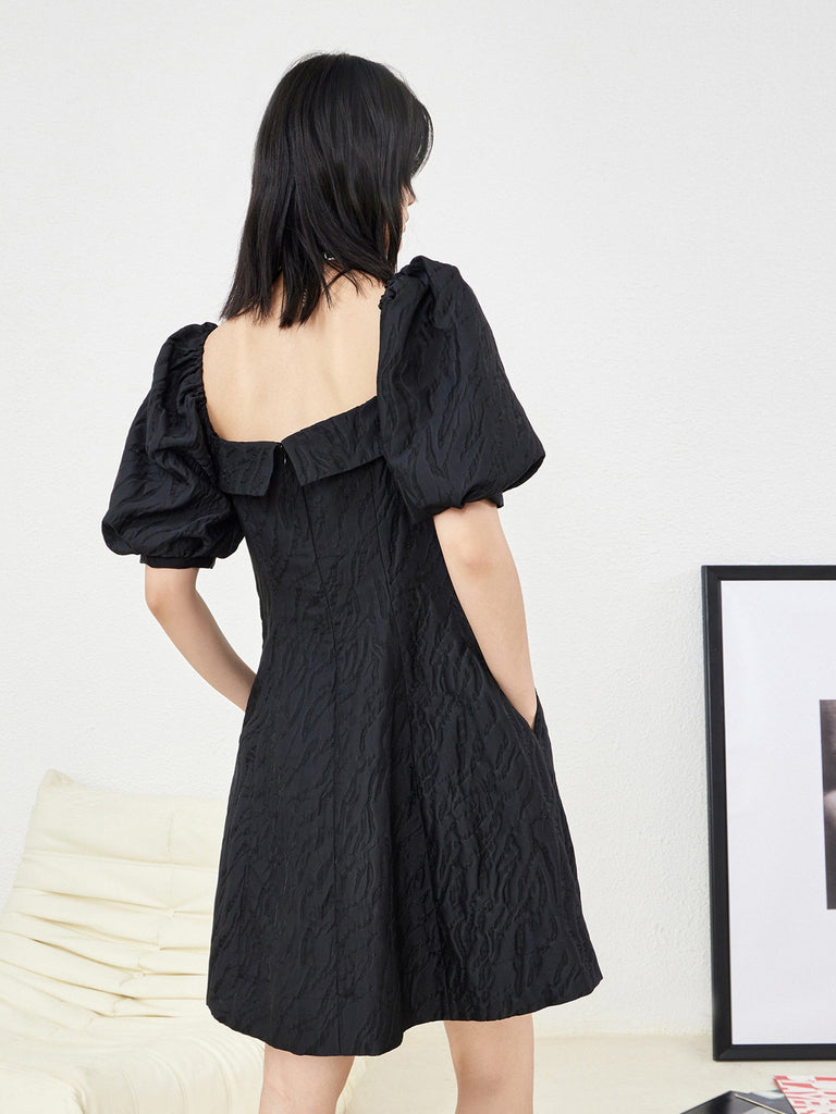 MO&Co. Women's Ruffle Neck Puff Sleeve Dress Black Summer Fitted Dress For Woman
