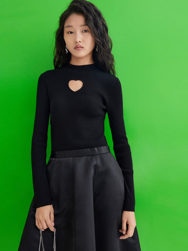 MO&Co. Women's Faux Two-Piece Heart Openwork Dress Cut Out Long Sleeves Black