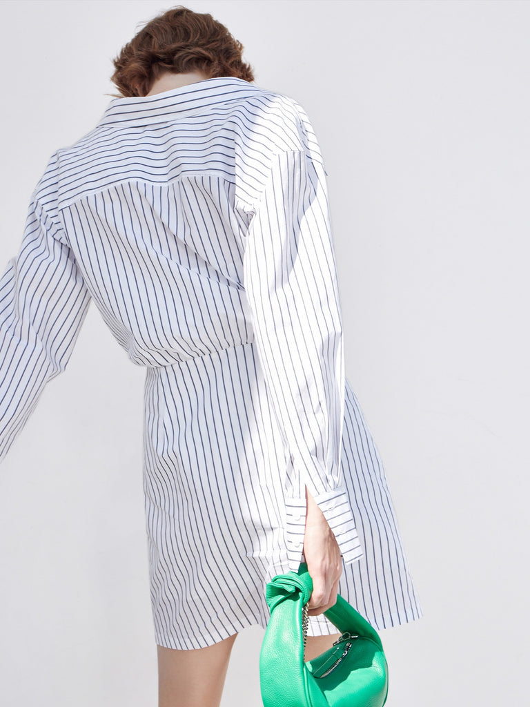 MO&Co. Women's Twisted Striped Shirt Dress Loose Chic Lapel White Summer
