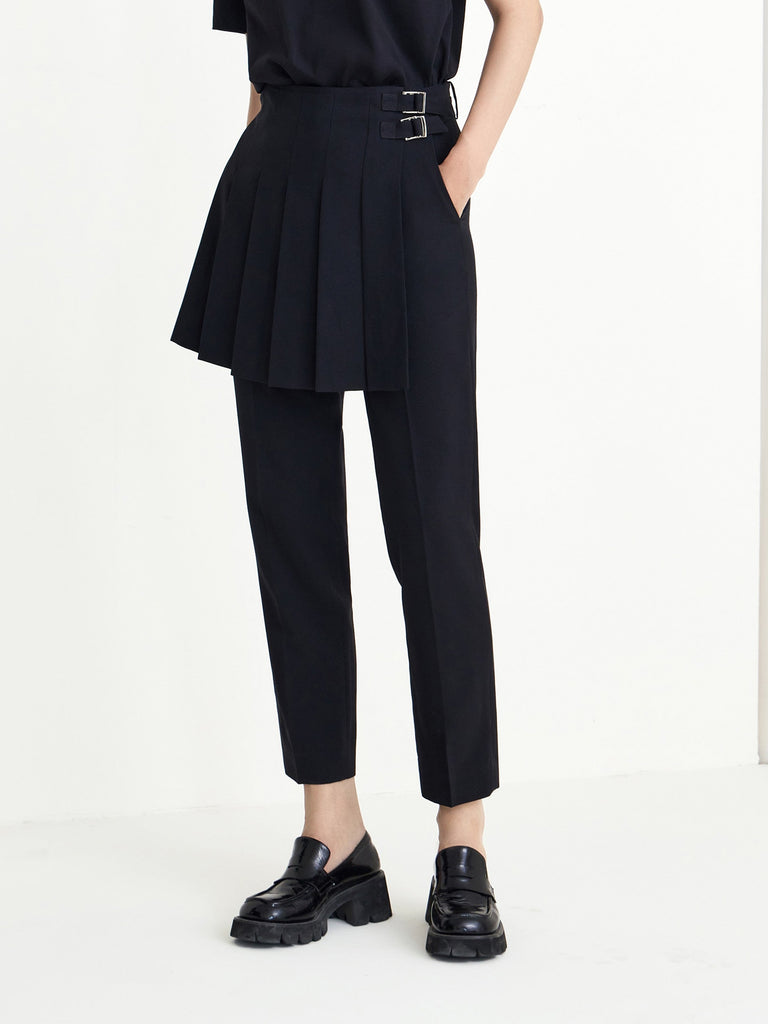 MO&Co. Women's Detachable Pleated Patch Cropped Pants Loose Cool Black Trousers