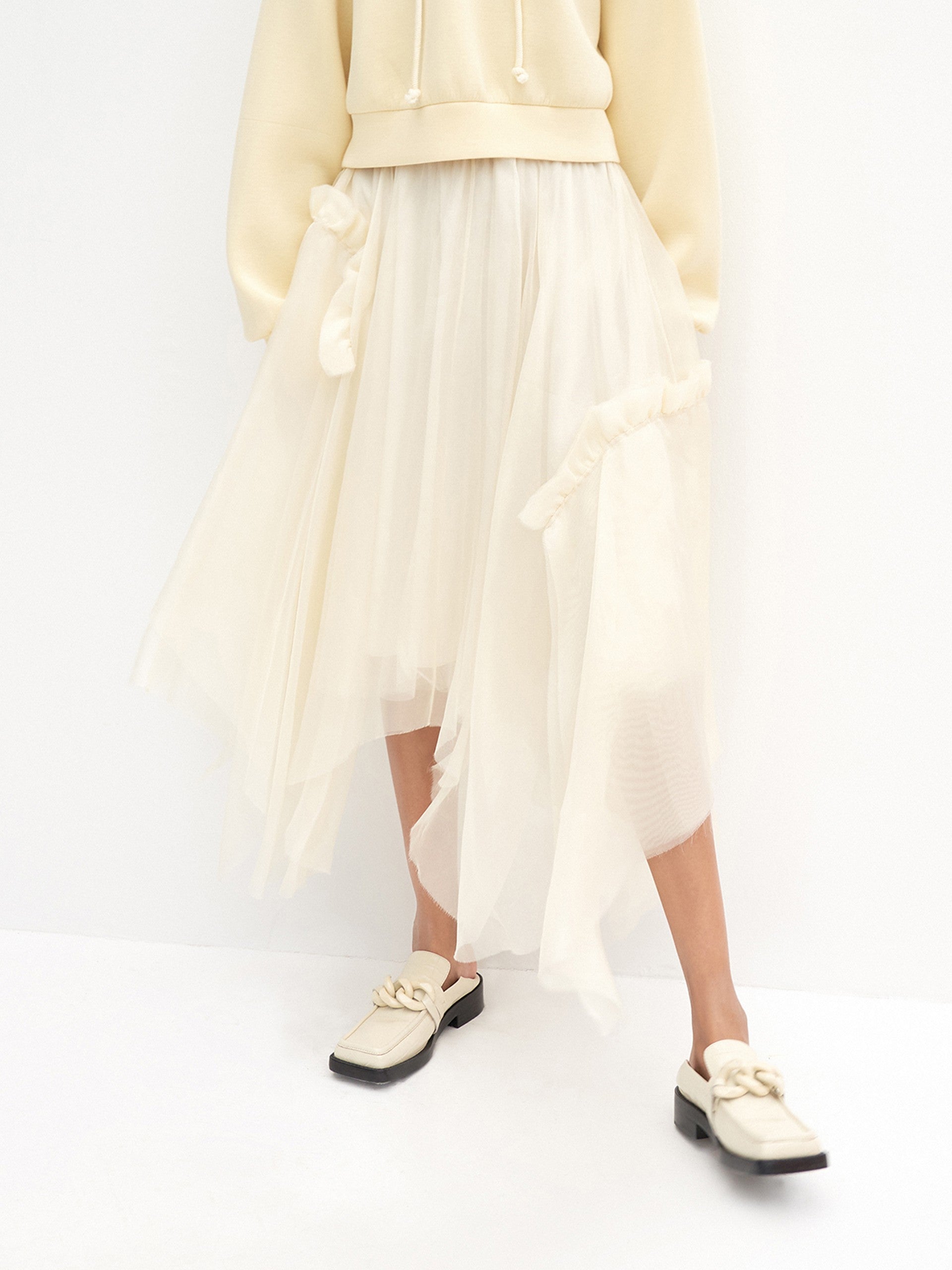 MO&Co. Women's Asymmetric Pleated Silk Skirt Cool Loose Tulle Skirt For Women