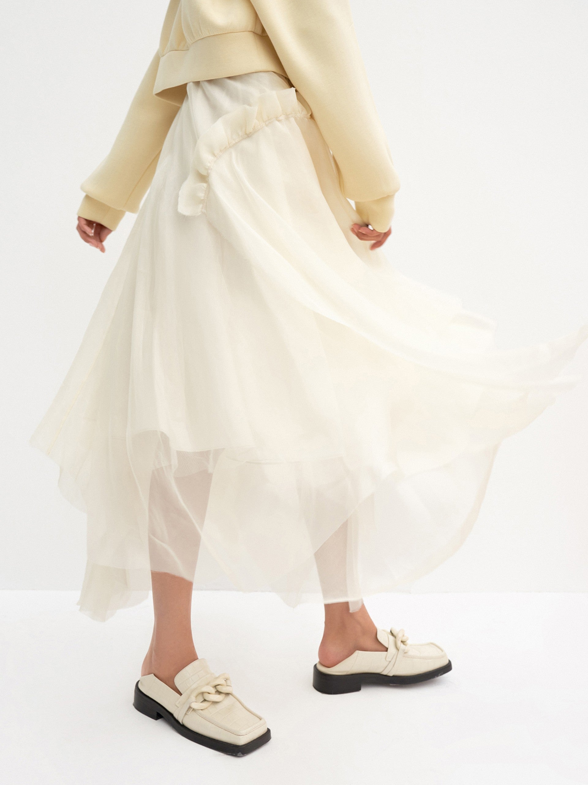 MO&Co. Women's Asymmetric Pleated Silk Skirt Cool Loose Tulle Skirt For Women