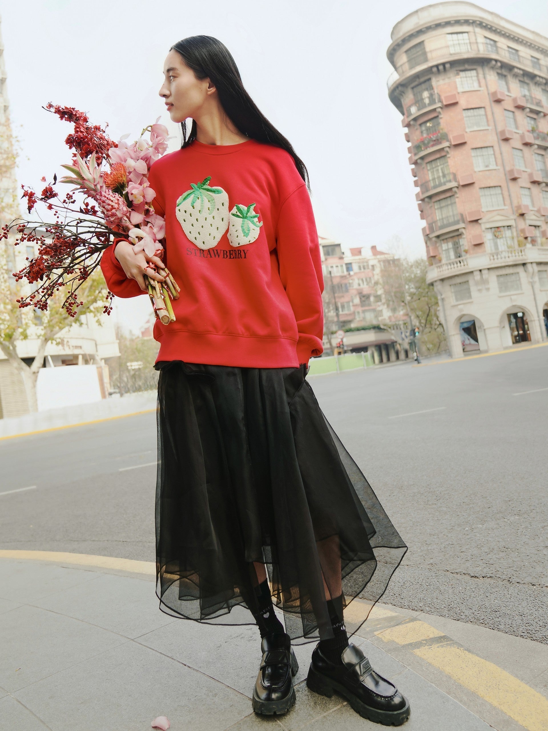 MO&Co. Women's Asymmetric Pleated Silk Skirt Cool Loose Tulle Skirt For Women