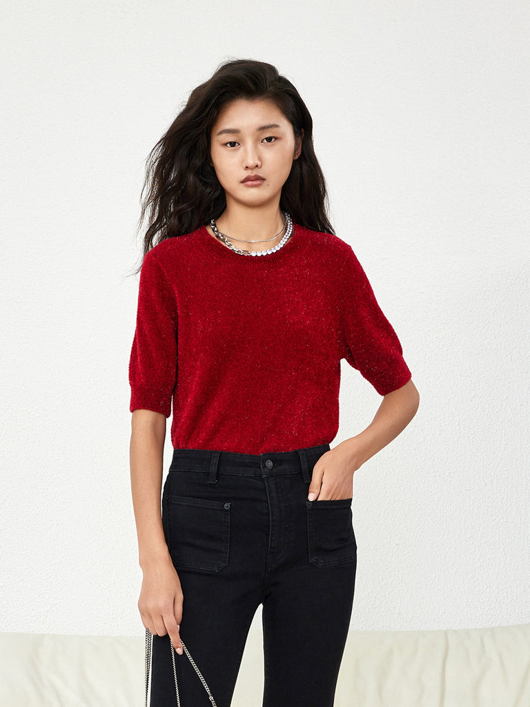 MO&Co. Women's Velvet Effect Causal Round Neck Loose Knit Top For Women