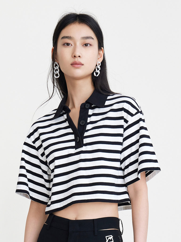 MO&Co. Women's Polo Collar Crop Striped T-shirt Loose Cool Pullover Black