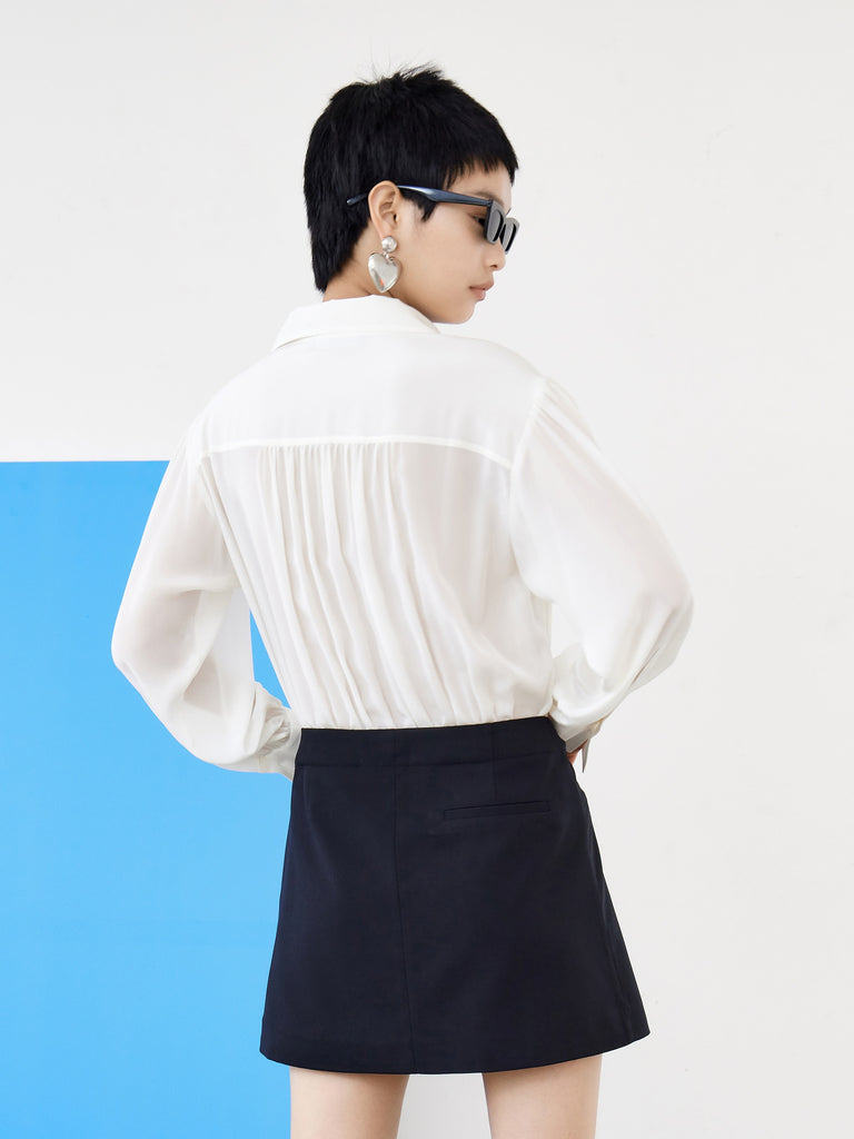 MO&Co. Women's Silk Panel Shirt Dress Loose Casual Lapel 103% Slik White