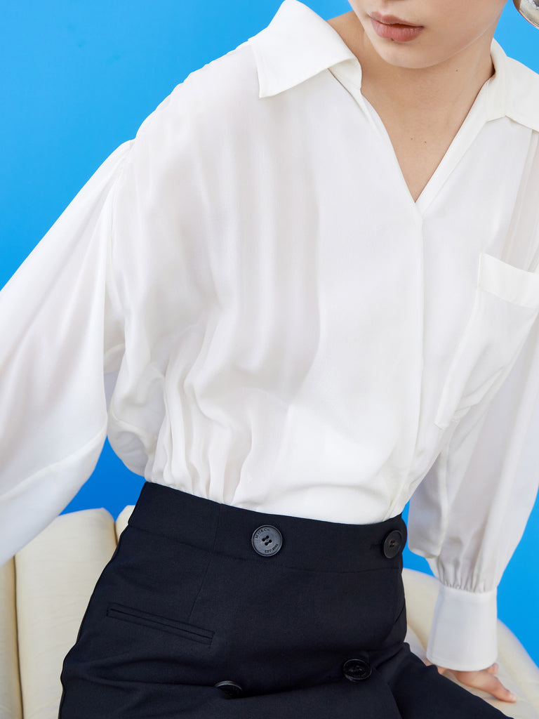 MO&Co. Women's Silk Panel Shirt Dress Loose Casual Lapel 105% Slik White