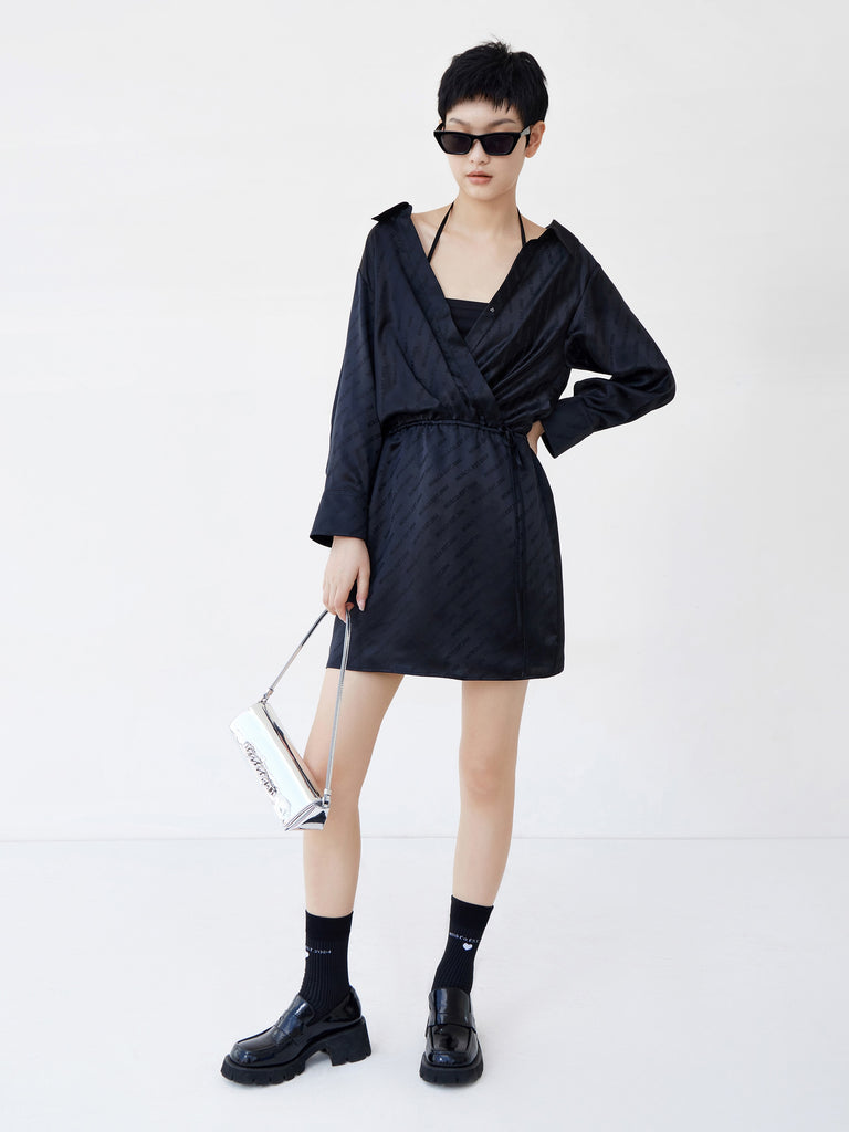 MO&Co. Women's Silk Blend Lapel Dress Loose Casual V Neck Black Dress For Woman