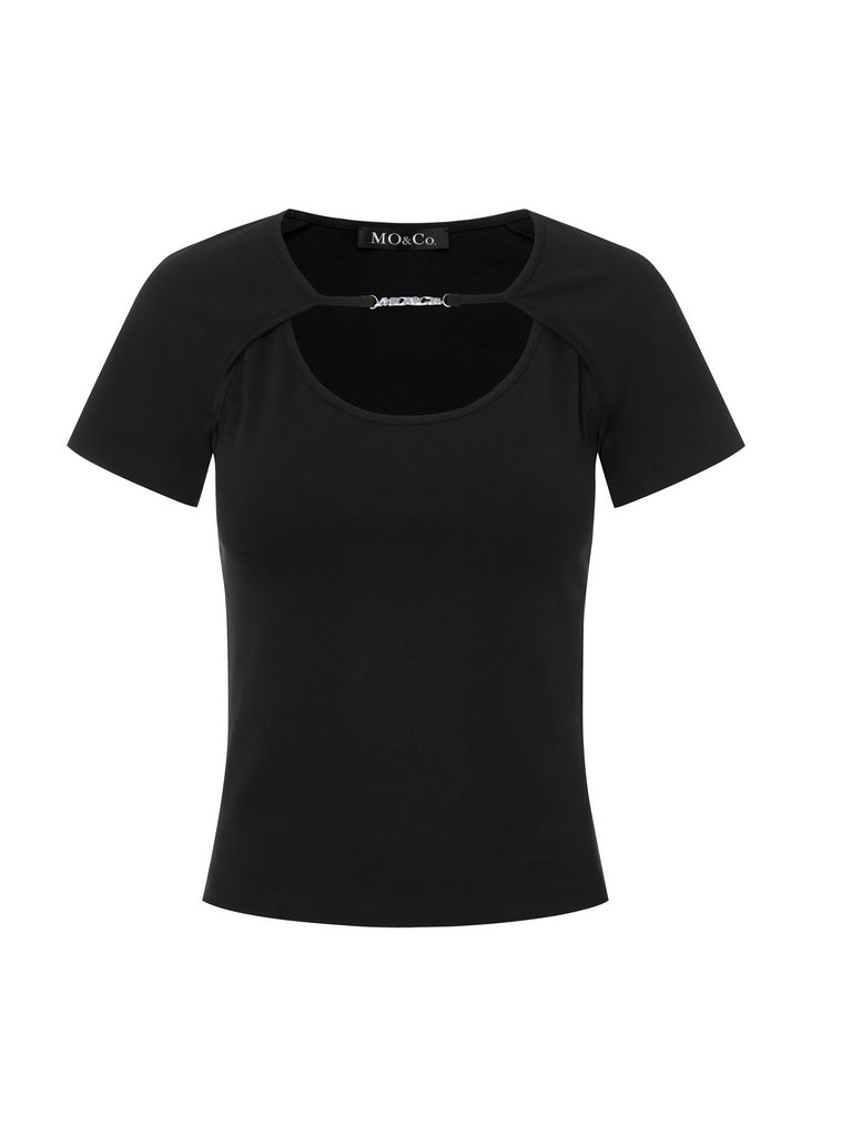 MO&Co. Women's Deconstructed Cutout T-shirt Fitted Casual Round Neck 