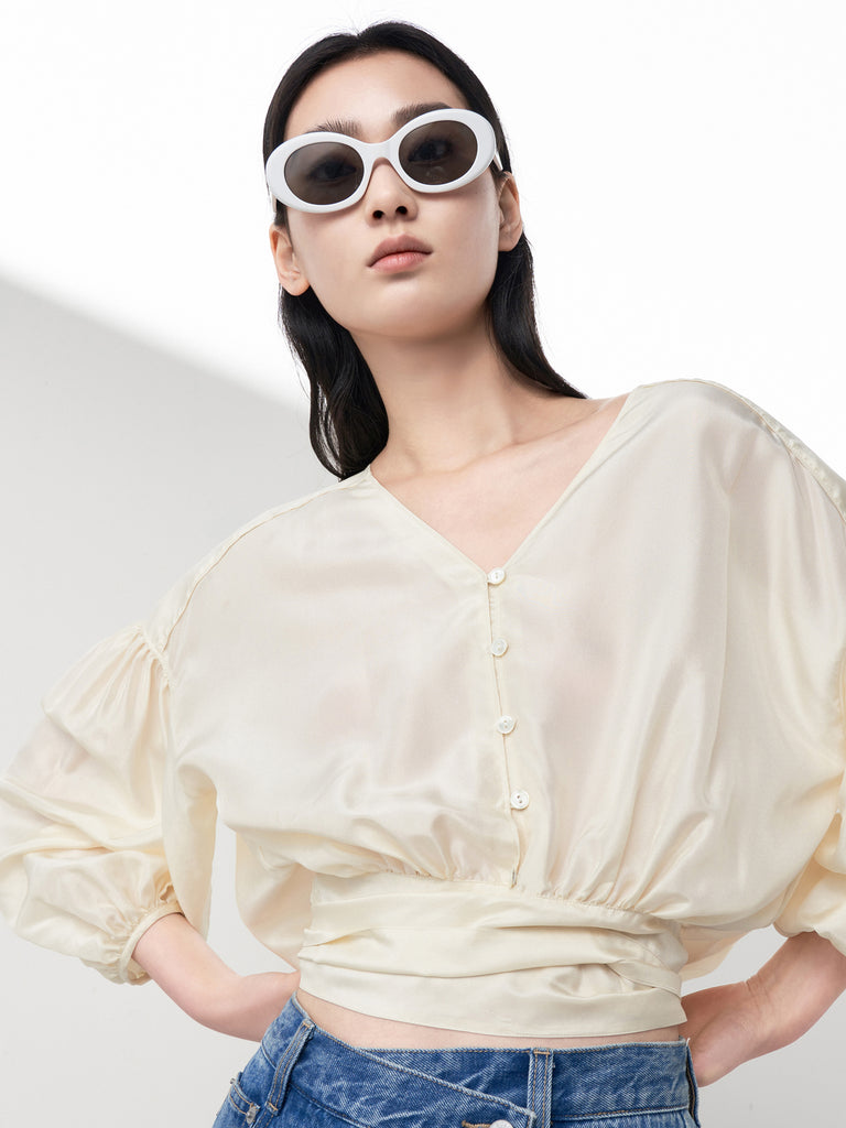 MO&Co.Women Silk Cutout Back Wrap Top Loose Casual V Neck Long Sleeve Tops
