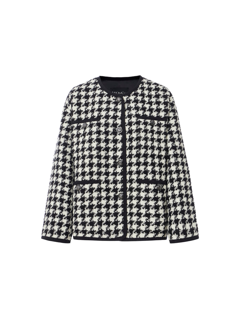 MO&Co. Women's Short Houndstooth Coat Loose Chic Round Neck Ladies Black