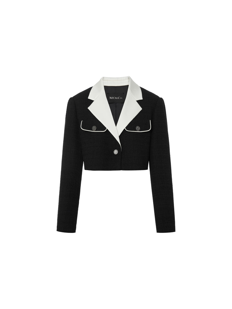 MO&Co. Women's Contrast Textured Crop Blazer Fitted Chic V Neck White Cropped Blazer