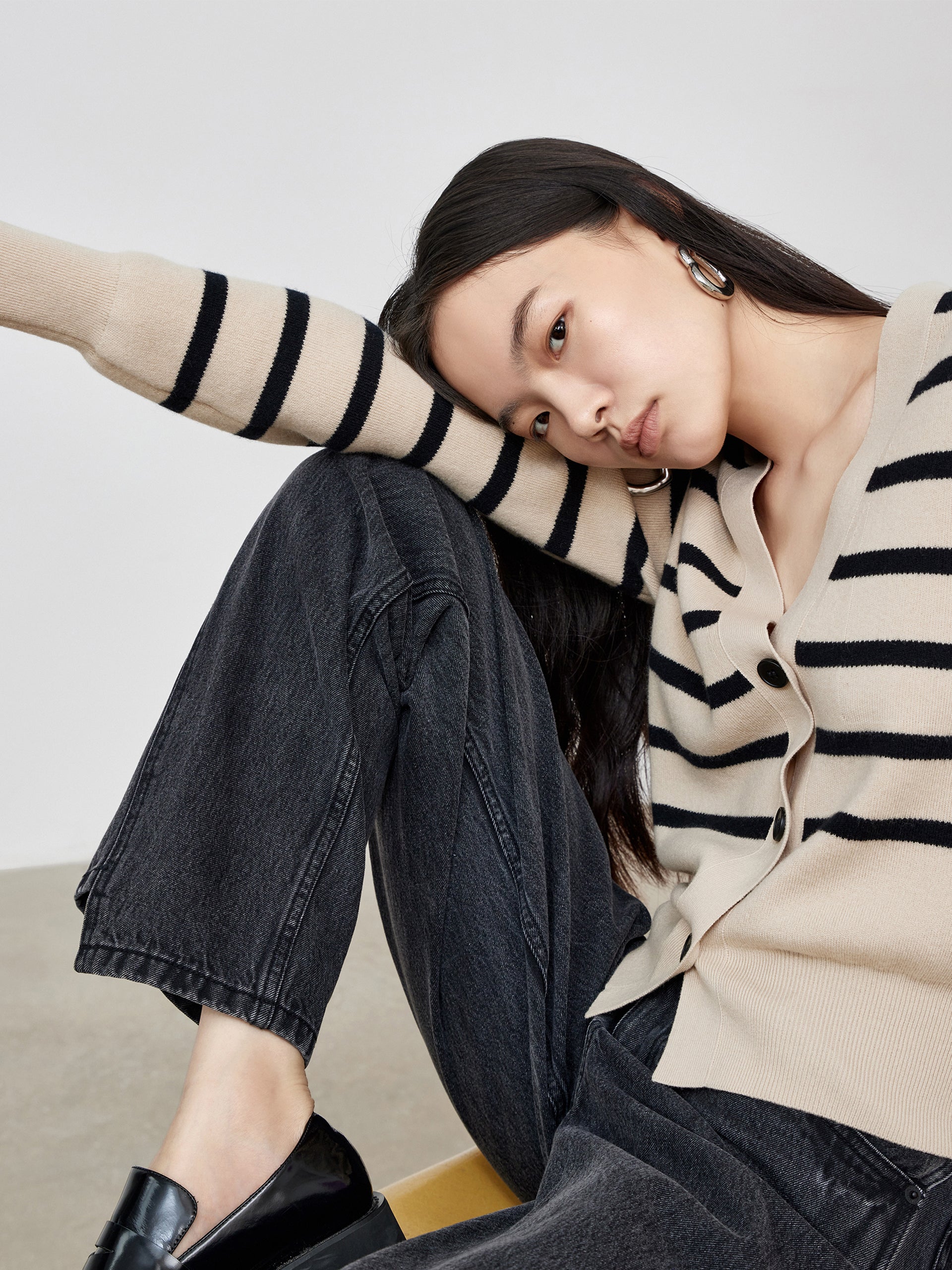 MO&Co. Women's Wool Striped Knit Cardigan Loose Chic V Neck Womens Summer Cardigans