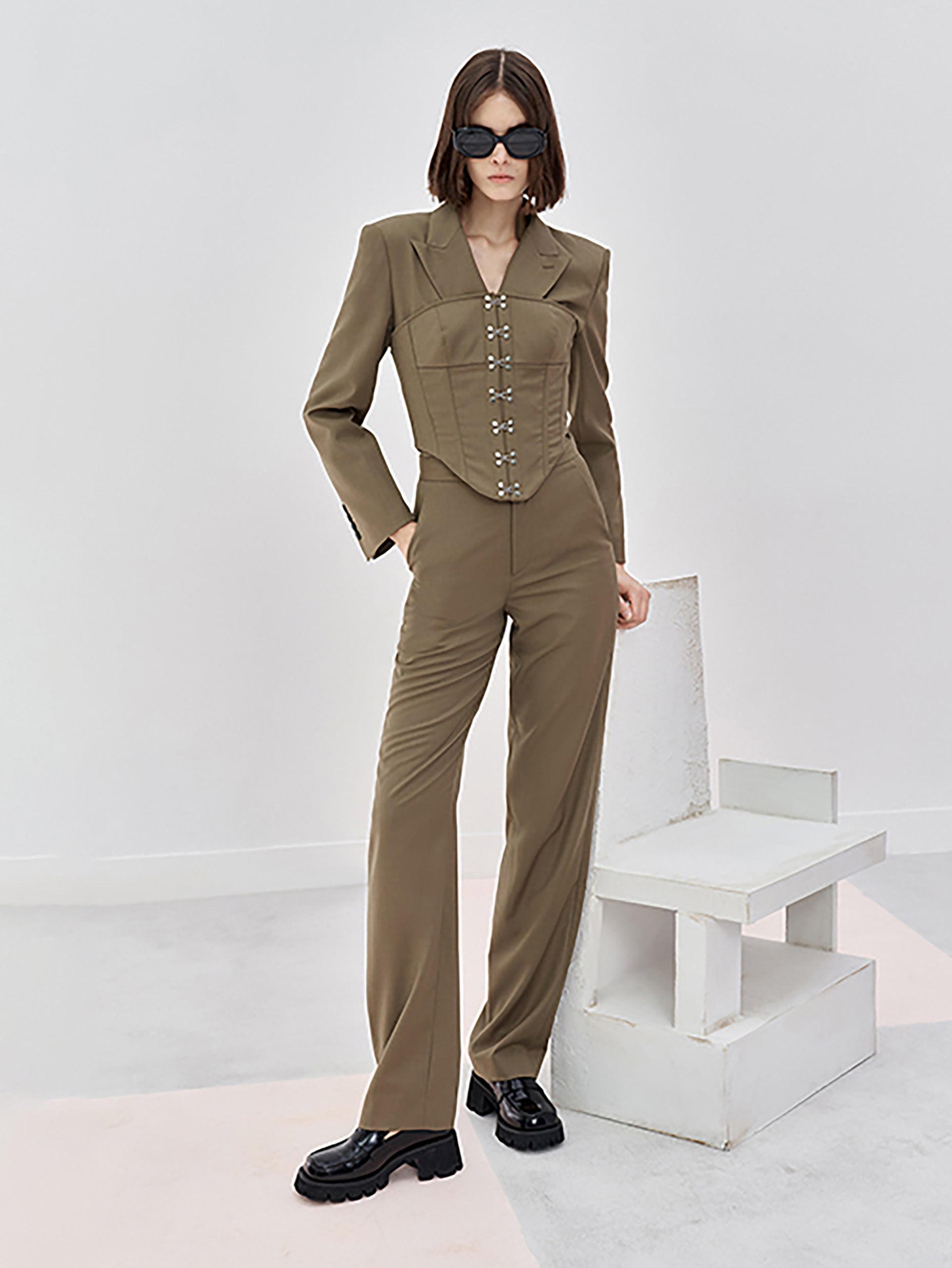 MO&Co. Women's Wool Blend Straight Pants Fitted Classic Black Trending Pants For Women