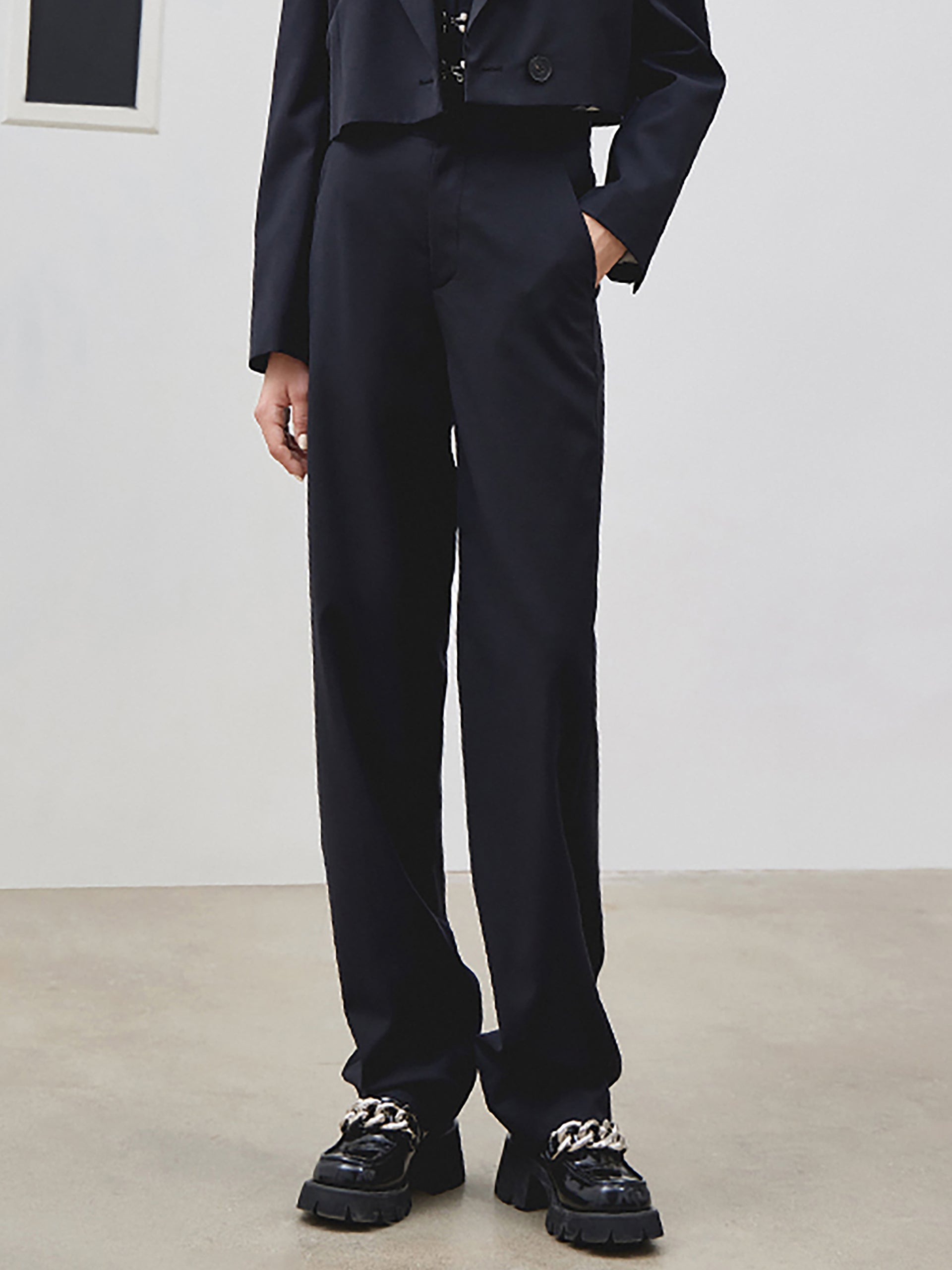 MO&Co. Women's Wool Blend Straight Pants Fitted Classic Black Trending Pants For Women