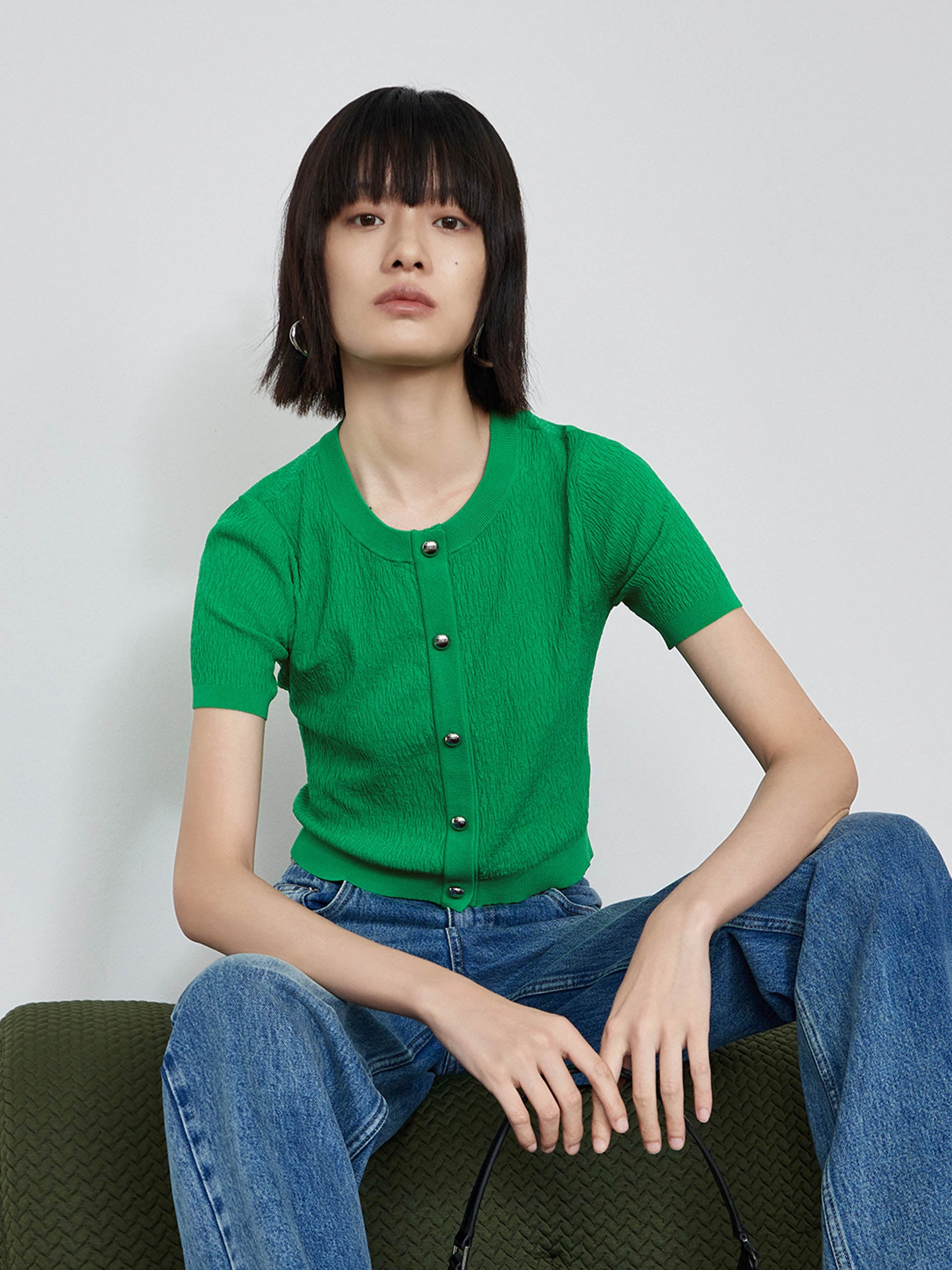 MO&Co. Women's Metal button Textured Sweater Fitted Casual green sweater