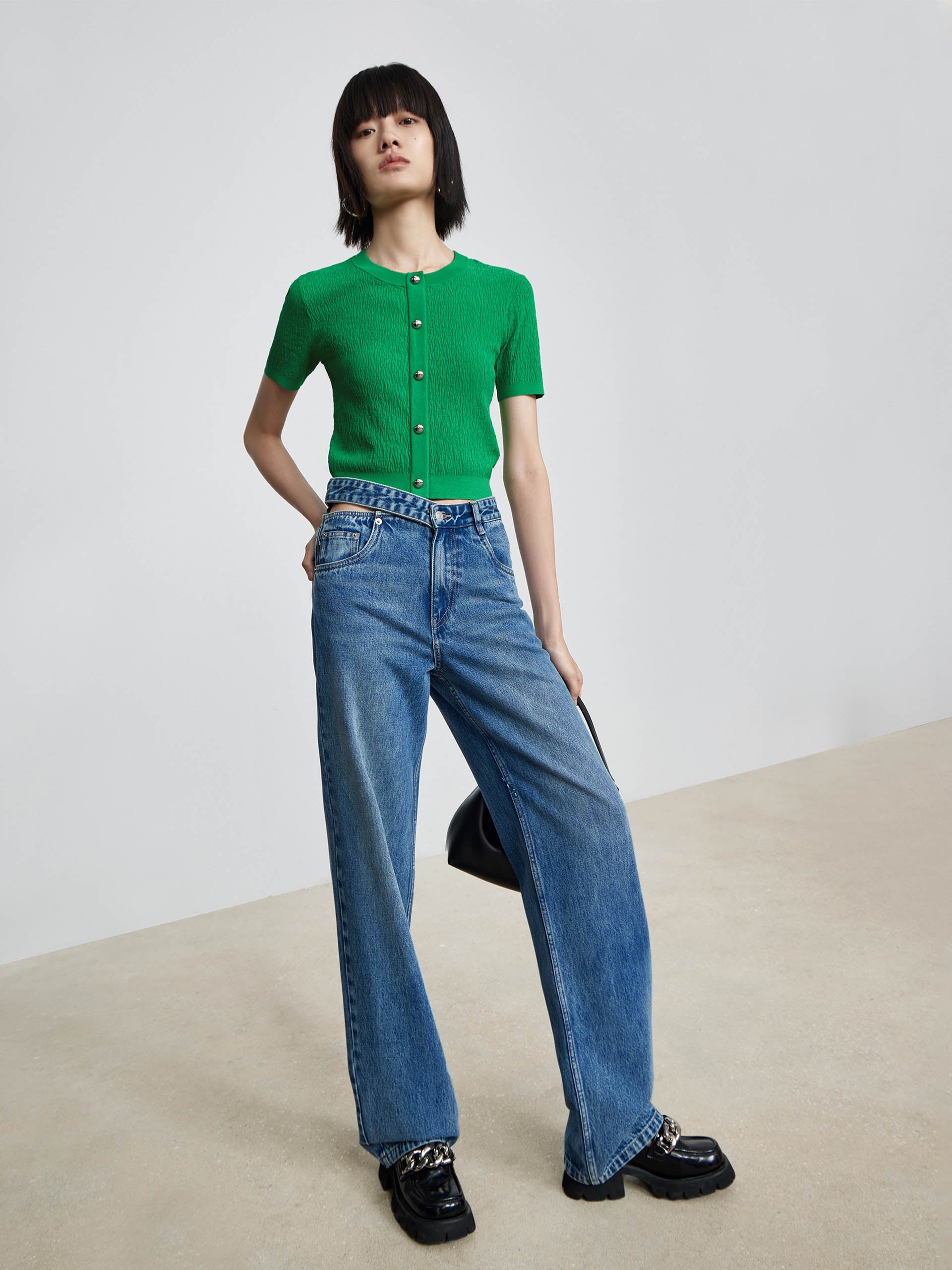 MO&Co. Women's Metal button Textured Sweater Fitted Casual green sweater