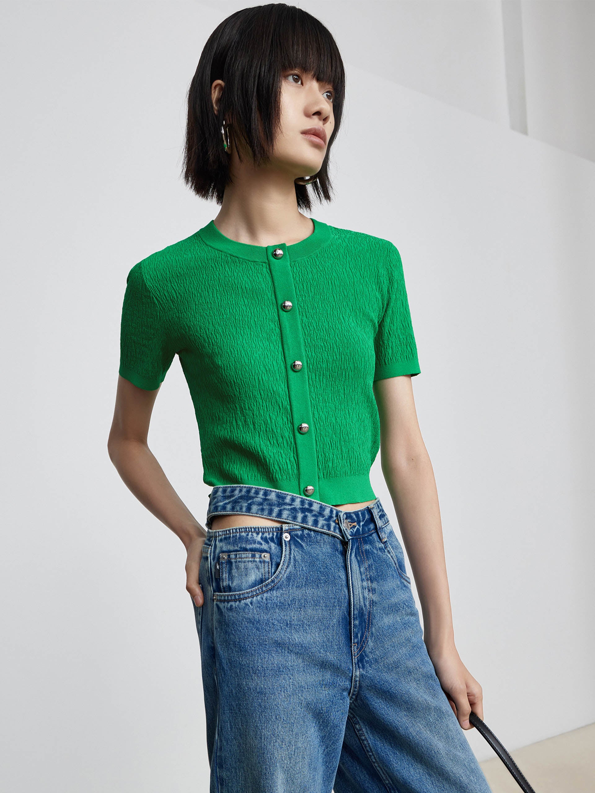 MO&Co. Women's Metal button Textured Sweater Fitted Casual green sweater