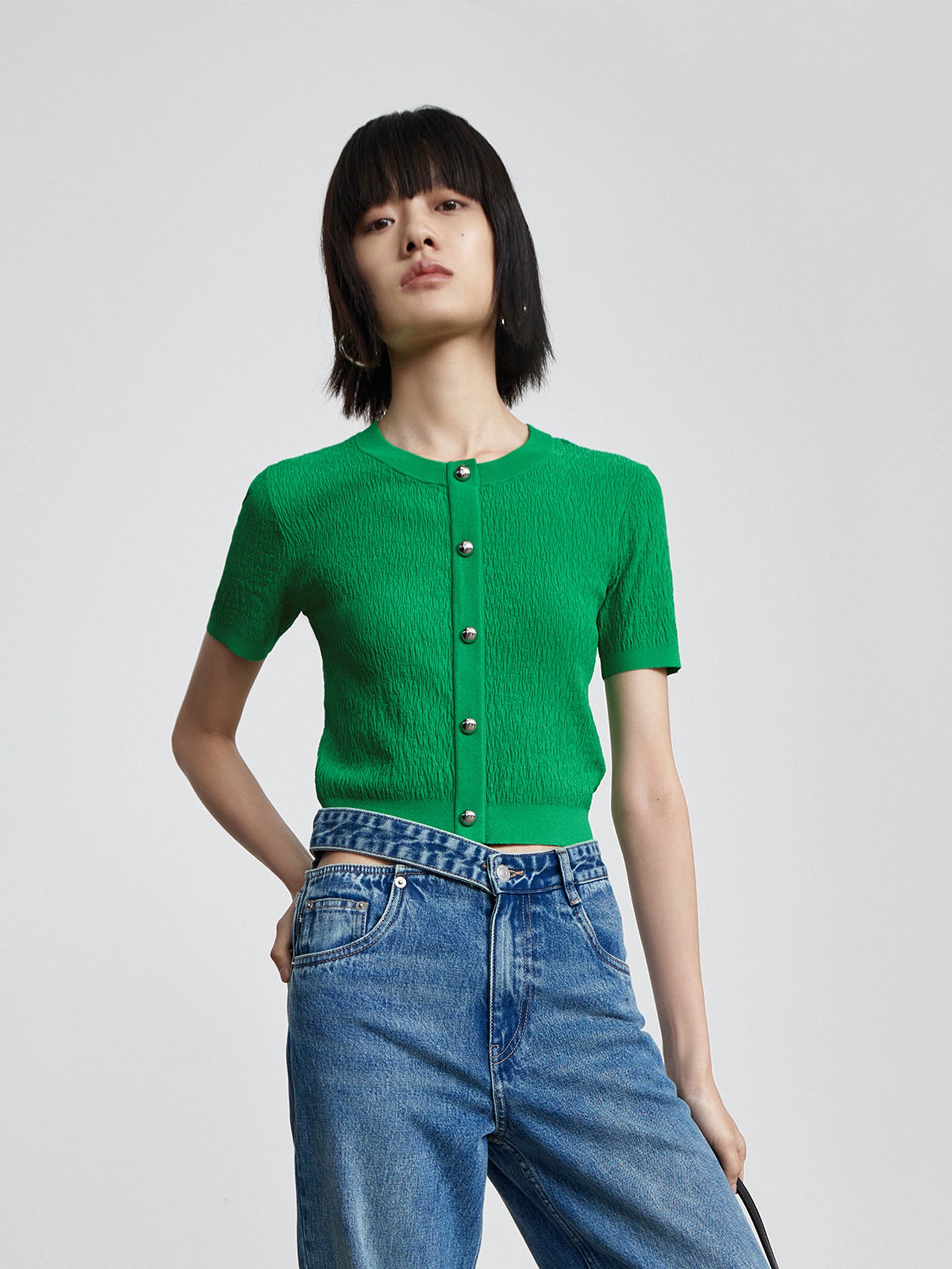 MO&Co. Women's Metal button Textured Sweater Fitted Casual green sweater