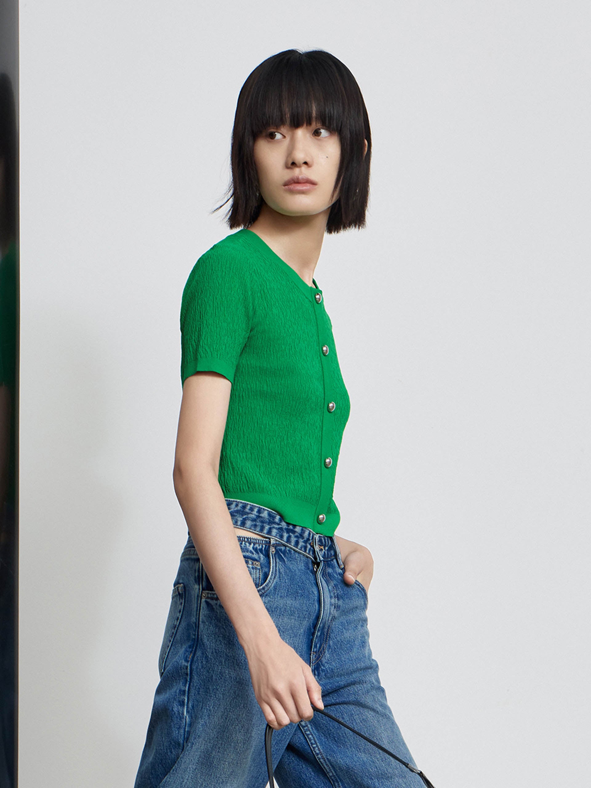 MO&Co. Women's Metal button Textured Sweater Fitted Casual green sweater