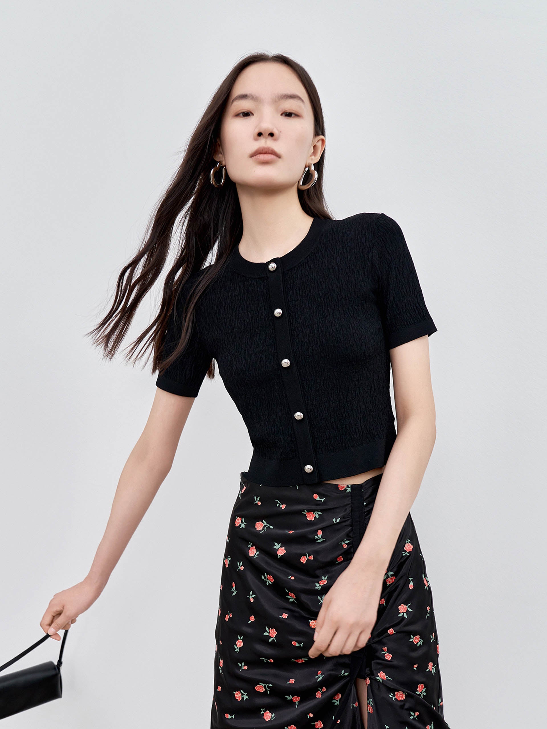 MO&Co. Women's Metal button Textured Sweater Fitted Casual green sweater