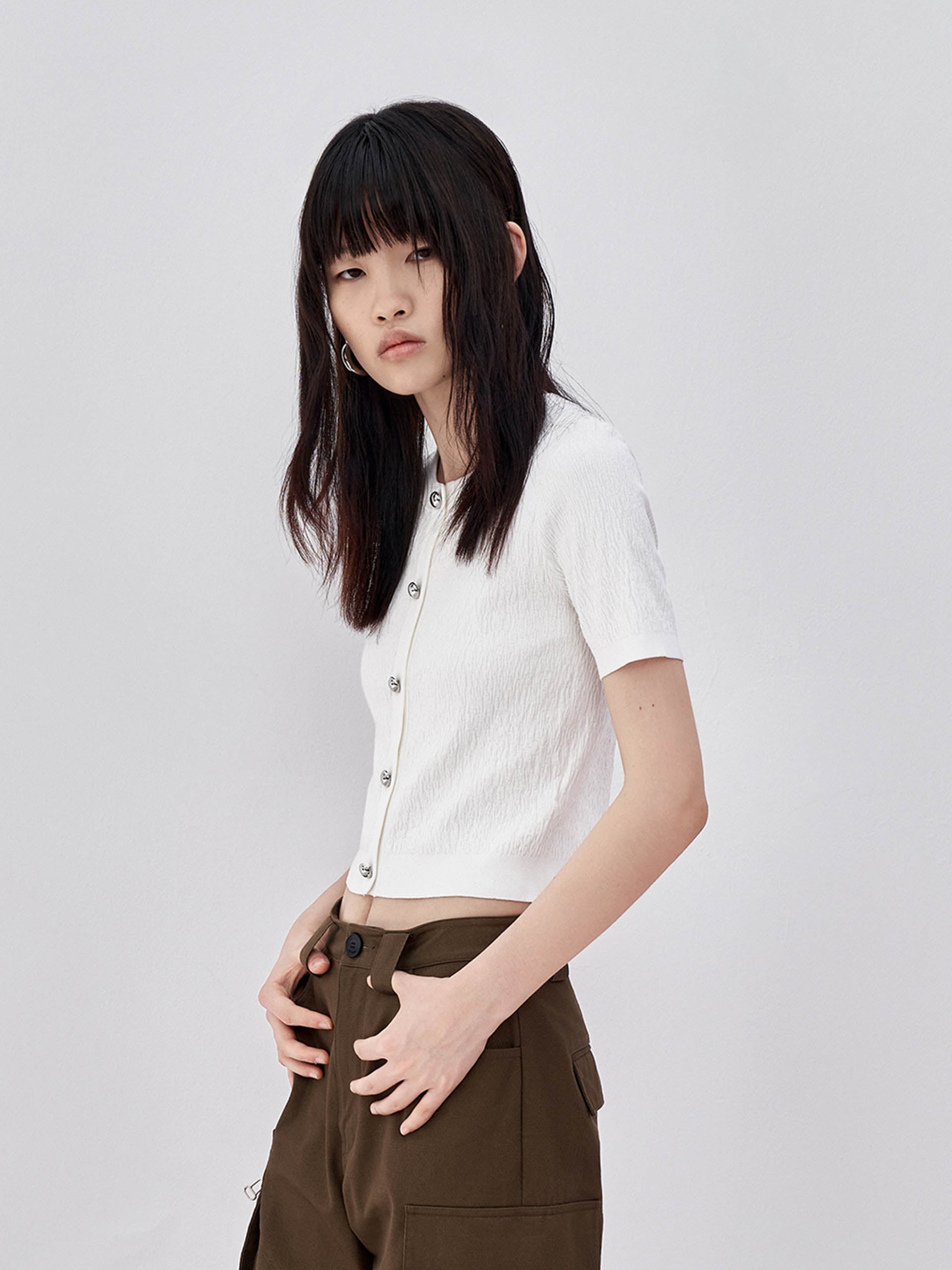 MO&Co. Women's Metal button Textured Sweater Fitted Casual green sweater